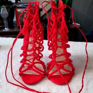 Red ShoeDazzle 5" Lace Up Heels